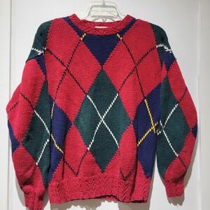 Vintage Argyle Patterned Sweater - Red, Green, and Blue